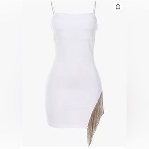 White rhinestone tassle fringe bodycon dress